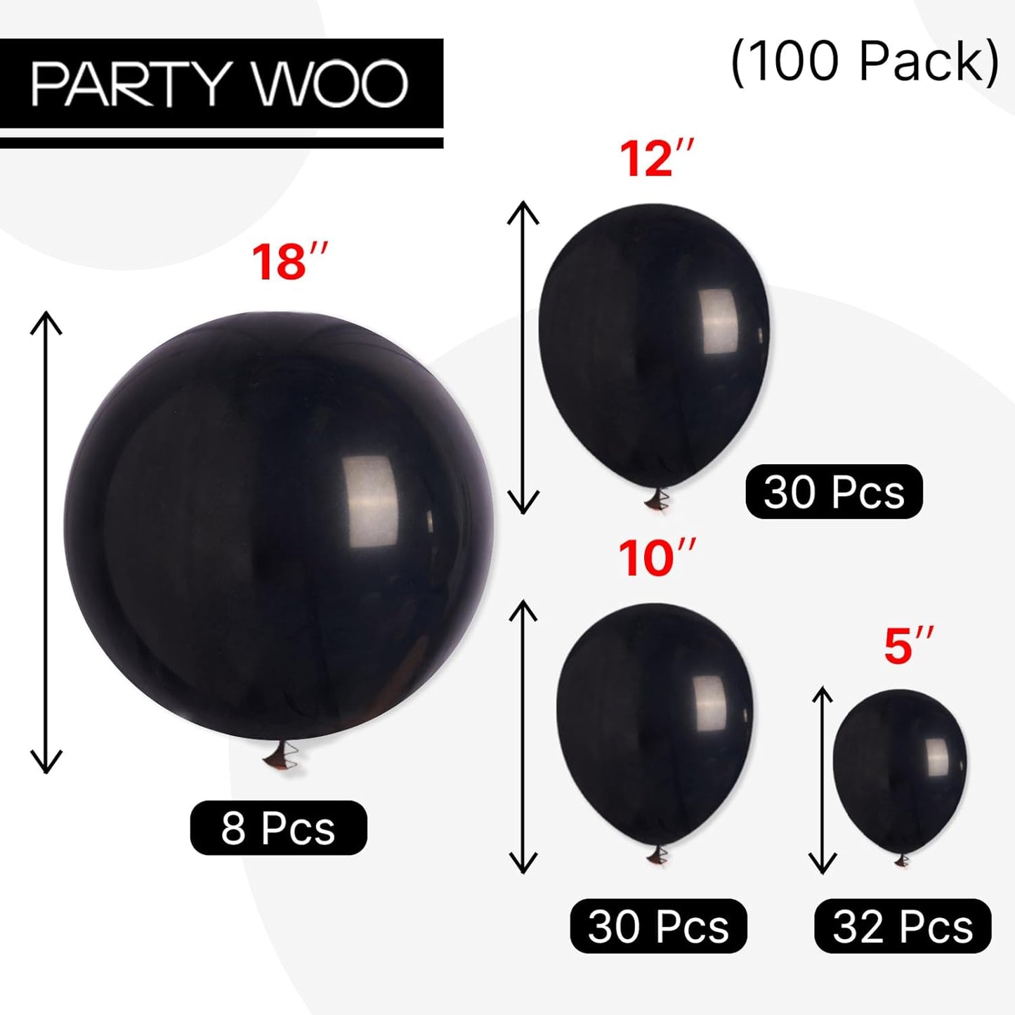 PartyWoo Black Balloons - 100 Pcs Assorted Sizes for Baby Showers, Birthdays & Anniversaries | Arch Kit & Garland