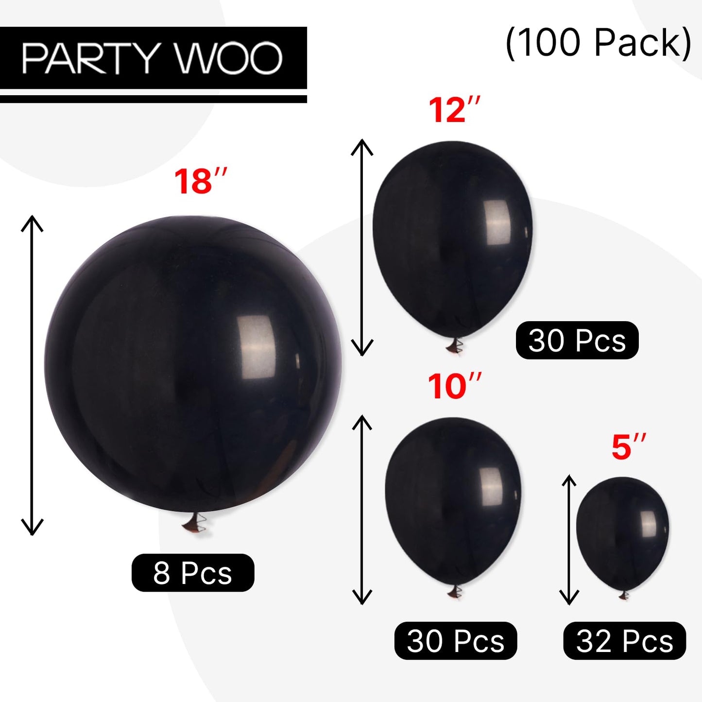 PartyWoo Black Balloons 100 pcs Different Sizes of 18 12 10 5 Inch Black Balloons Arch Kit Garland for Baby Shower Birthday Graduation Casino Gaming Anniversary Race Car Party Decorations Black-Y18
