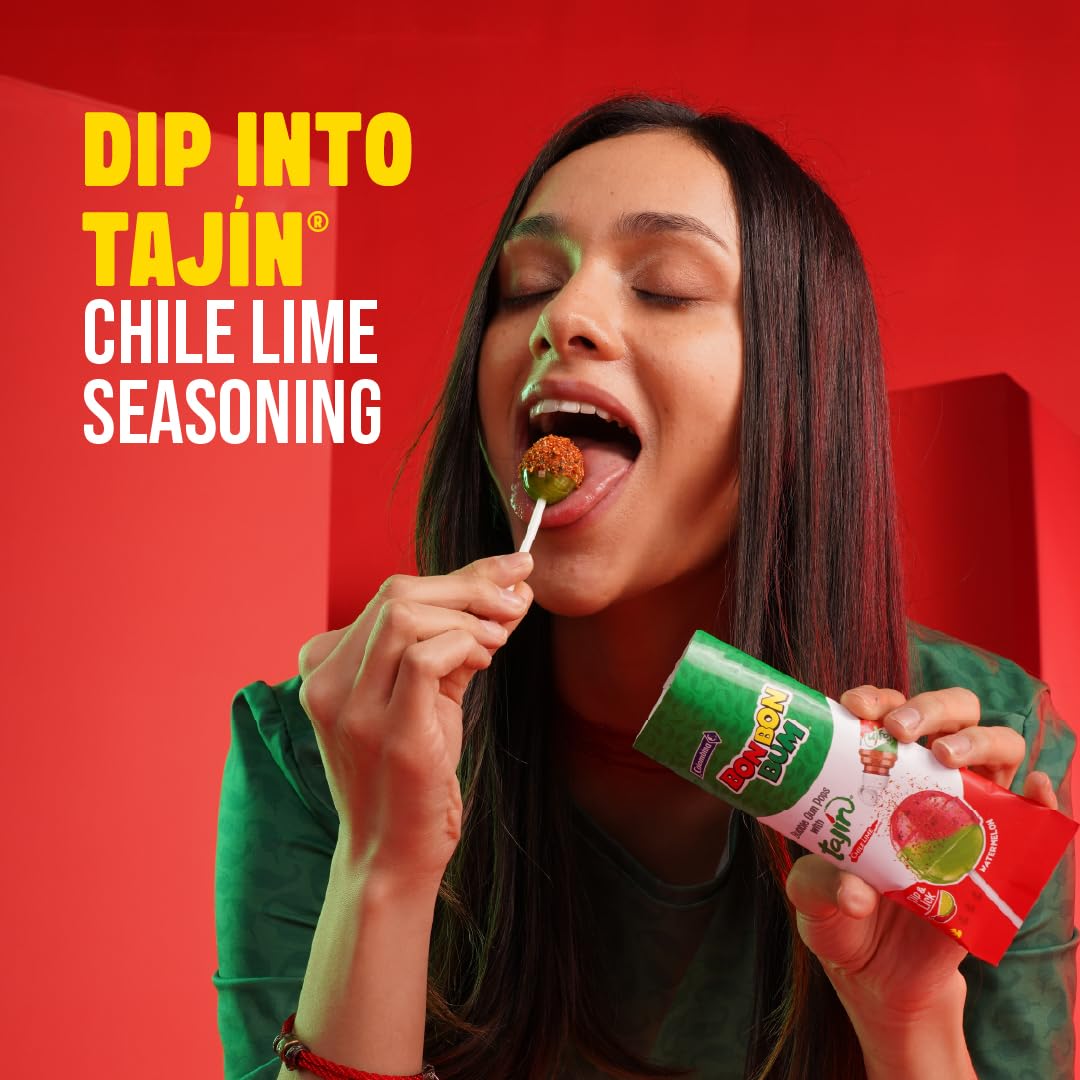 Colombina Bon Bon Bum Tajin Tropical Passion Fruit & Watermelon with Tajin Chile Lime Dip Dispenser, 30 Count (Pack of 1)