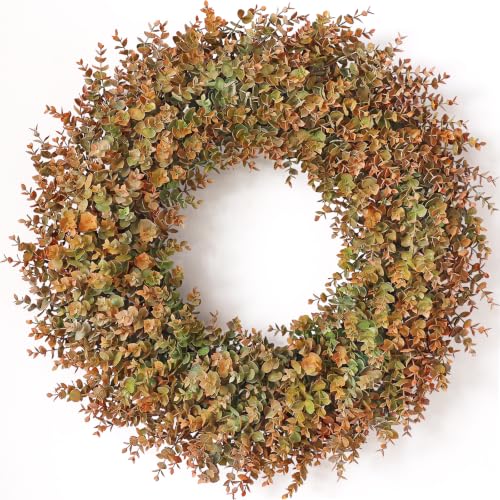 32-Inch Large Fake Eucalyptus Fall Wreath for Front Door Decor - Orange Green