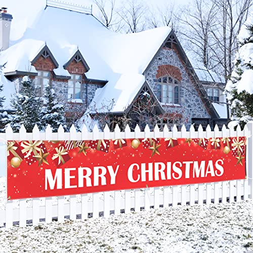 Probsin Large Merry Christmas Banner 120" x 20" Xmas Outdoor Decorations Double Printed Red Stars Presents Yard Sign Holiday Party Supplies Backdrop Home Decor for Garden House Fence Garage Indoor