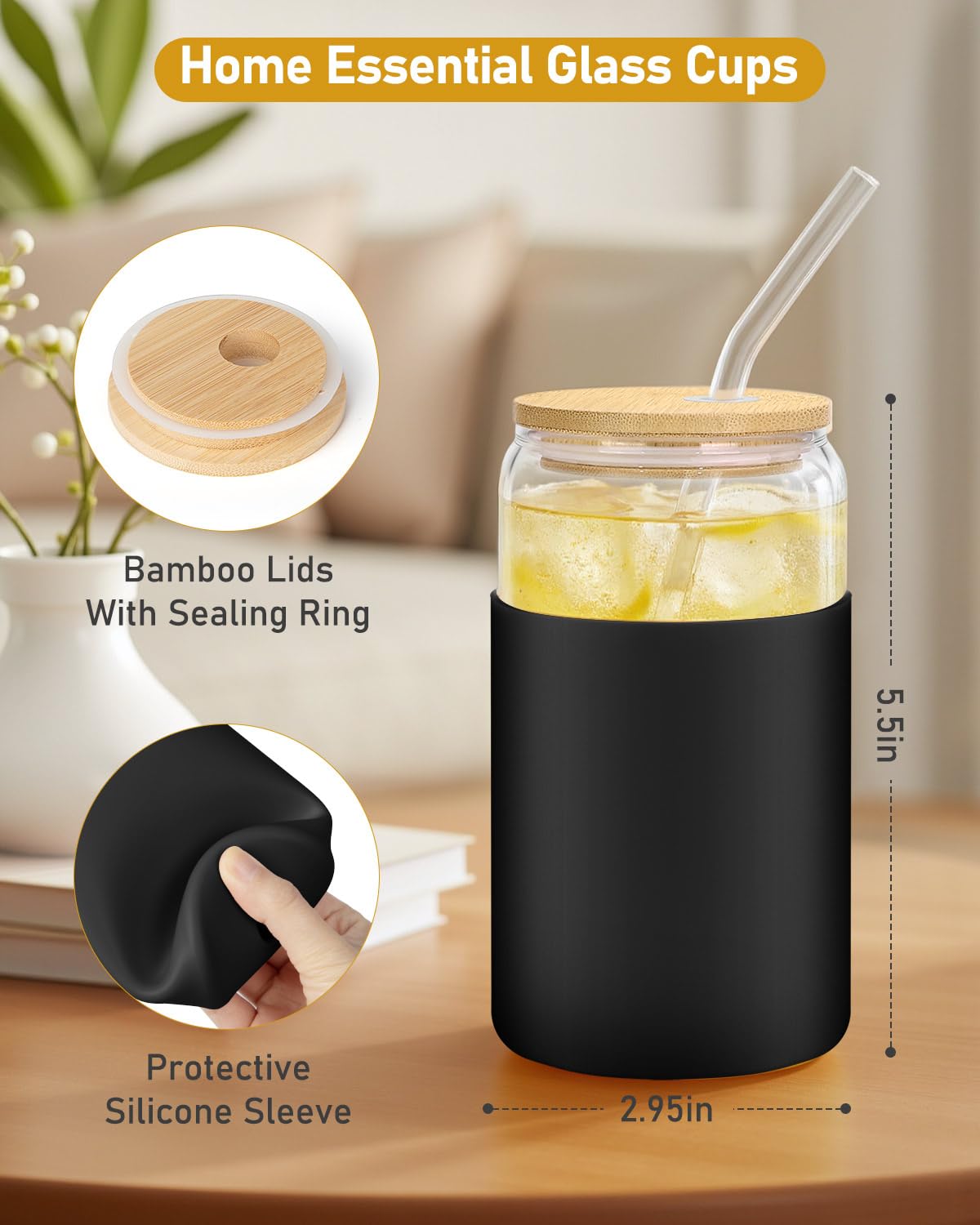 sungwoo Glass Cups with Lids and Straws, 4 Pack 16OZ Iced Coffee Cups with Silicone Sleeve, Glass Tumbler with Straw and Bamboo Lid, Home Essential Drinking Set for Juice, Cocktail and Latte Black