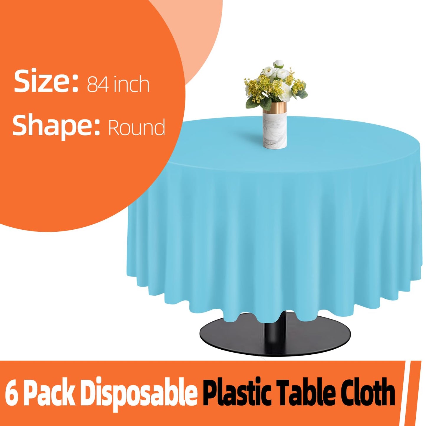 Light Blue 6 Pack Plastic Table Cloth 84", Disposable Round Tablecloth Table Cover, Plastic Tablecloths for Parties