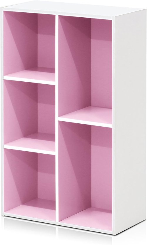 Furinno LUDER 5-Cube Bookshelf - Reversible Design, Easy Assembly | White/Pink, 9.4 x 19.5 x 31.5