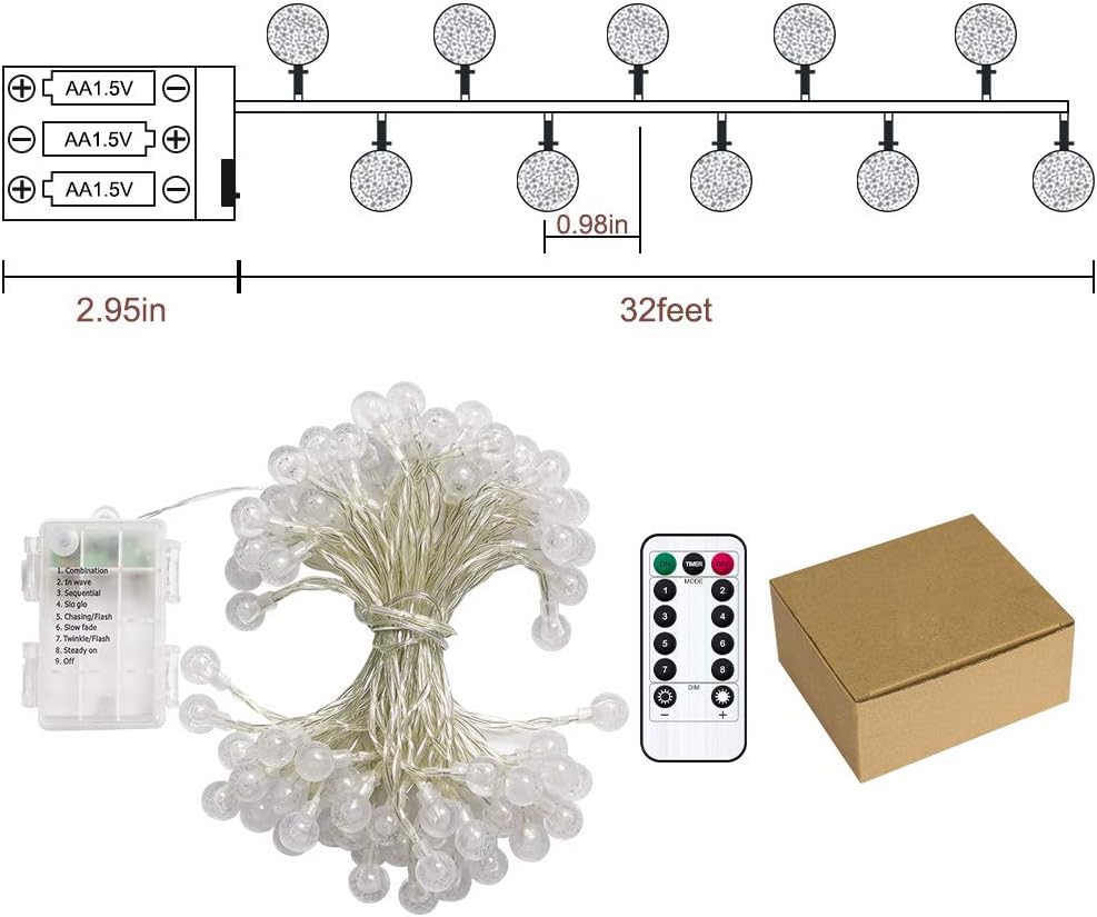 Metaku Globe Fairy Lights - 33ft 80LED Battery Operated String Lights | Waterproof for Indoor/Outdoor Use
