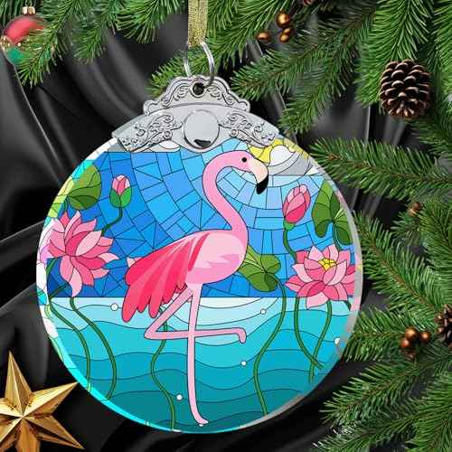 Flamingo Christmas Ornaments - Flamingo Gifts for Women Men - Flamingo Christmas Tree Decorations - Flamingo Gift Ideas Crystal Glass 3" - Xmas Gifts for Flamingo Lovers