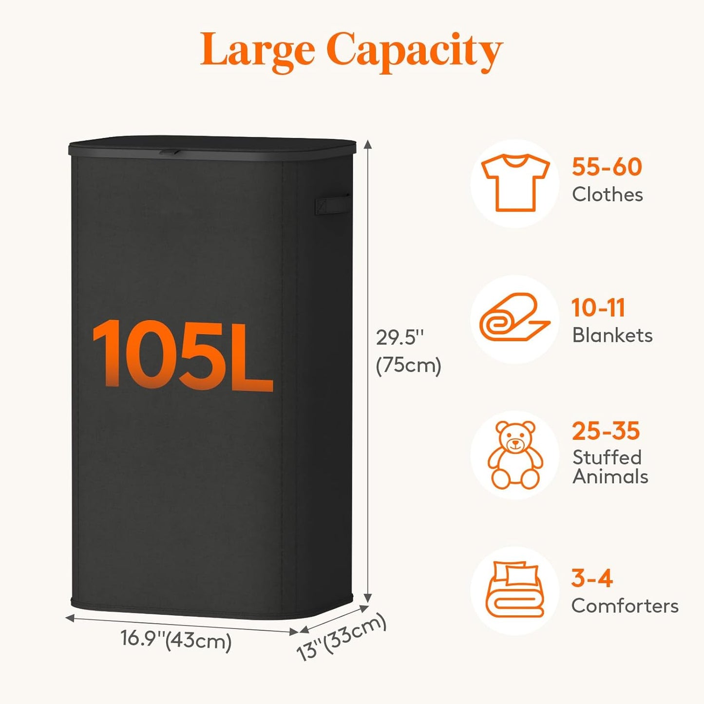 Lifewit 105L Large Laundry Basket - Foldable Hamper with Lid & Removable Bag | Black
