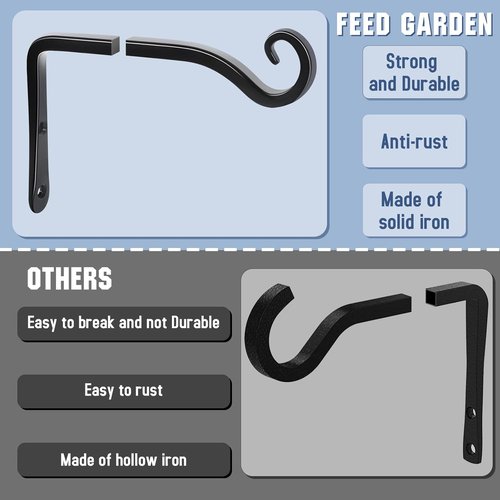 FEED GARDEN Heavy Duty Plant Hooks - 6 Inch Wall-Mounted Brackets | 44lb Capacity Steel Hangers in Black