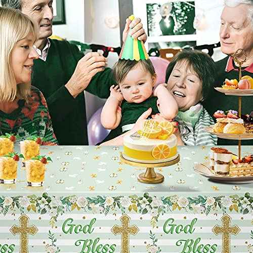 God Bless Baptism Tablecloth - 3-Pack Green Baptism Table Cover Christmas Winter Xmas New Year Party God Bless Cross Religious Waterproof Rectangle First Communion Baby Shower(54x108 Inch)