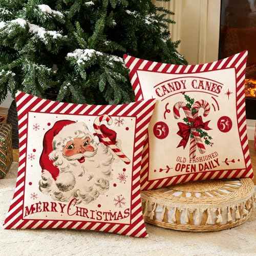 CARRIE HOME Red Christmas Candy Cane Decor Santa Pillow Covers 18x18 Set of 2, 18 x 18 Red Vintage Christmas Throw Pillow Covers, Candy Cane Theme Xmas Decorations for Couch Sofa