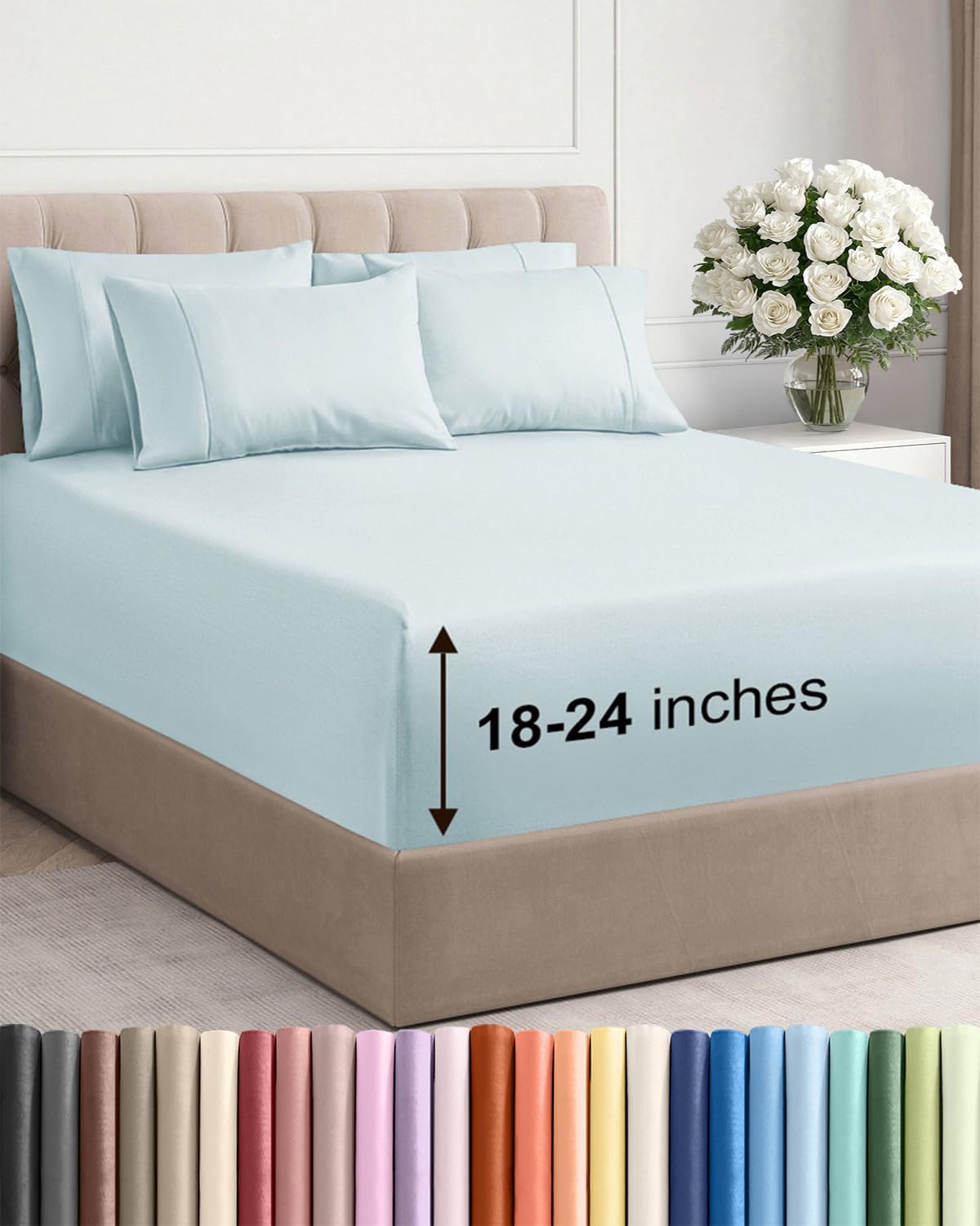 Skiennix Extra Deep Cal King Sheet Set | 6-Piece Breathable Cooling Bedding - Soft, Wrinkle-Free, Ice Blue