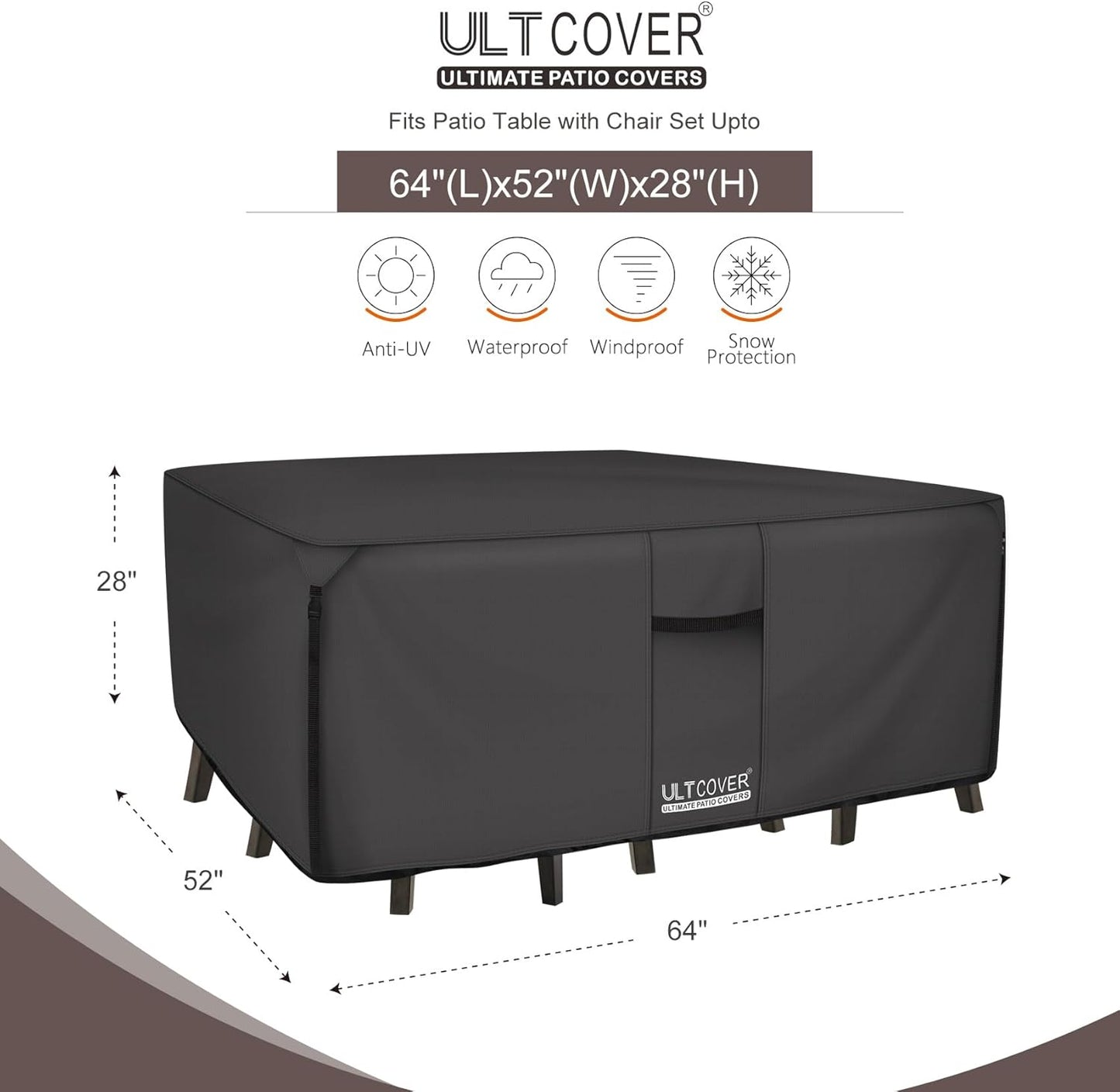 ULTCOVER 600D Heavy-Duty Waterproof Rectangular Patio Table & Chair Cover | 64" L x 52" W x 28" H - Black