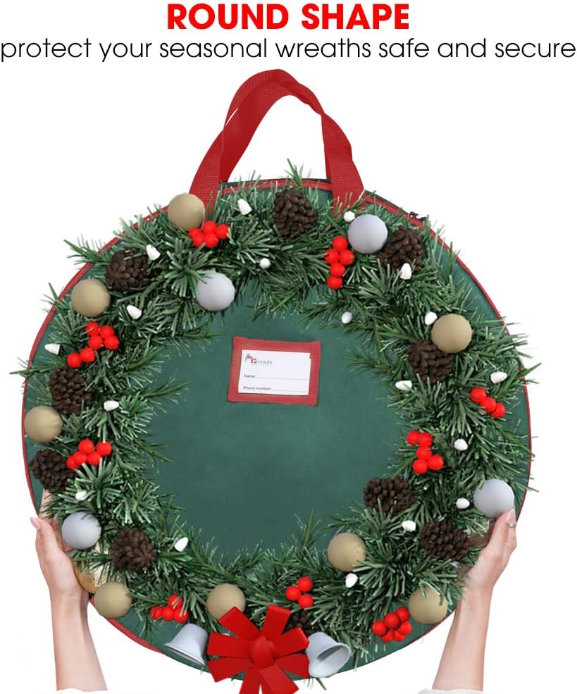 Primode Christmas Wreath Storage Bag - 36" Artificial Wreath Container | 2-Pack with Sturdy Handles & Inner Straps - Green