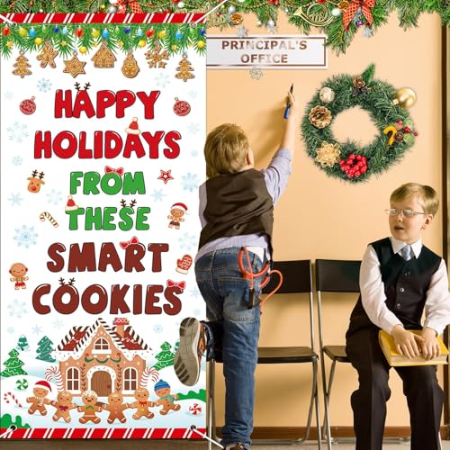 Christmas Gingerbread Door Cover Banner for Classroom, 79 x 35 in with Rope