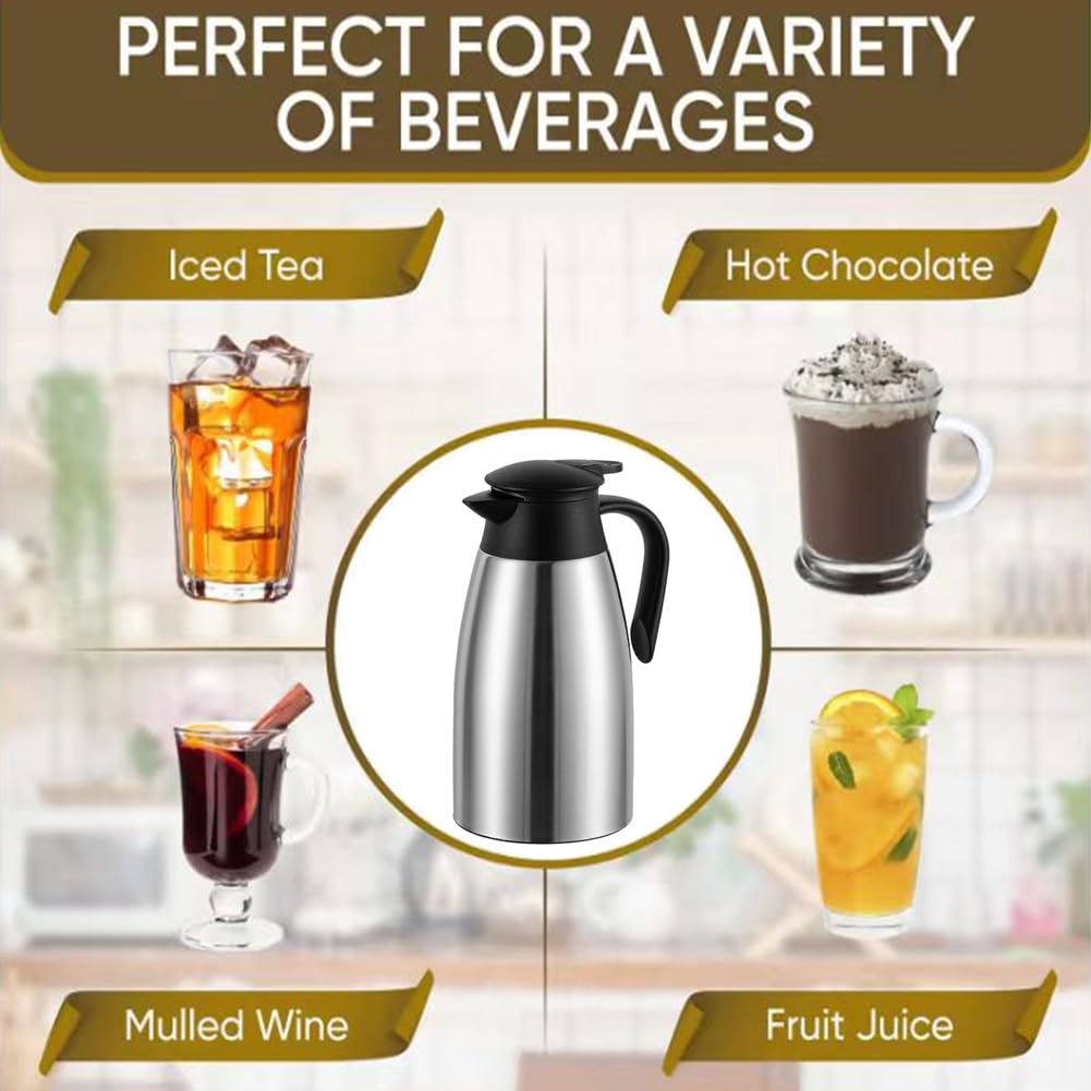 70 Oz Insulated Thermal Coffee Carafe Stainless Steel Double Walled Vacuum Coffee Thermos, Hot Water, Tea, Hot Beverage Dispenser, Keep 24 Hour Heat Retention/12 Hour Cold Retention (Sliver, 2L)