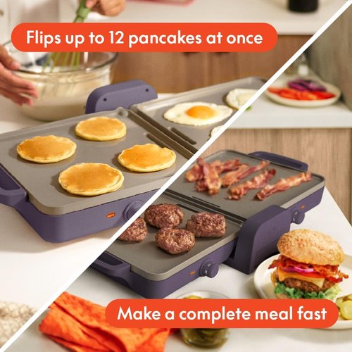 Bella 10"x20" Ceramic Fold-N-Store Griddle - Dual Temp Up to 400°F, Nonstick, Dishwasher Safe, Plum