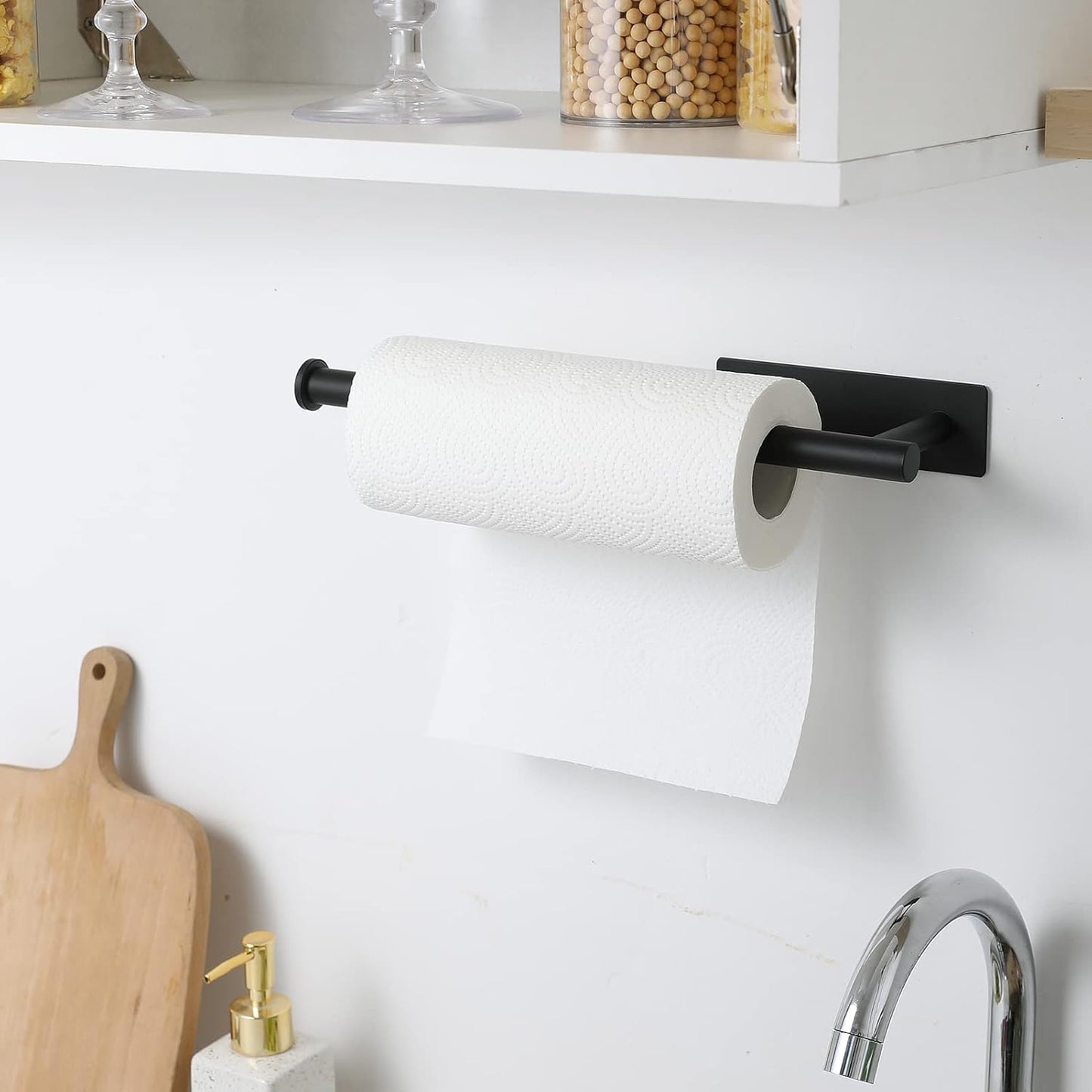 Theaoo Paper Towel Holder - Under Cabinet Adhesive Rack for Kitchen & Bathroom | Matte Black SUS304 Stainless Steel