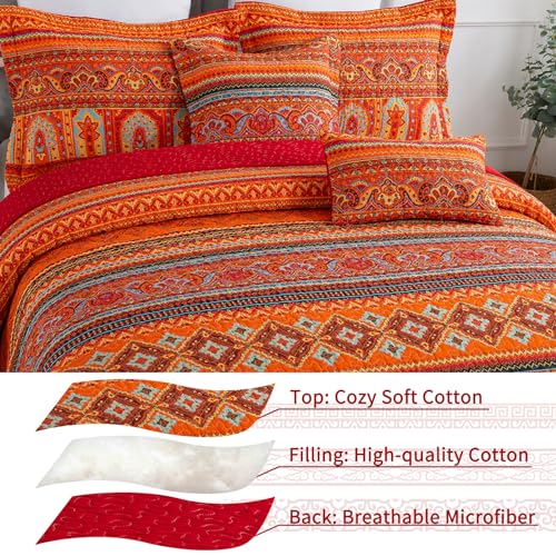 California King Size Quilted Bedding Set with Striped Red-Orange Design - 100% Cotton Face