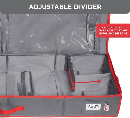 HOLDN' STORAGE Premium Wrapping Paper Storage Container - Durable 600D Tear-Proof Design | Fits 27 Rolls with Extra Pockets for Ribbons & Bows - Ideal for Holiday Use, Grey/Red Trim