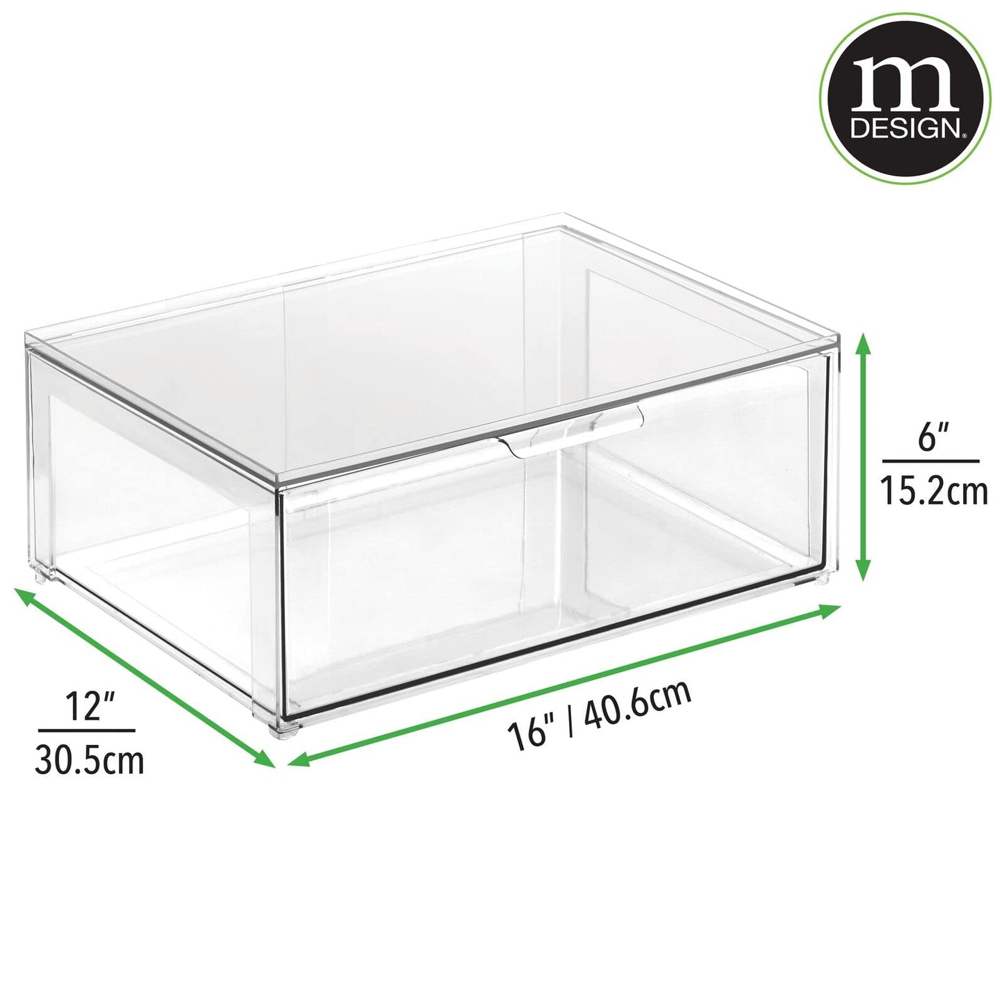mDesign Plastic Stackable Closet Storage Organizer Bin Containers with Front Pull Drawer for Cabinet, Desk, Shelf, Cupboard, or Dresser Organization - Lumiere Collection - Set of 3 - Clear