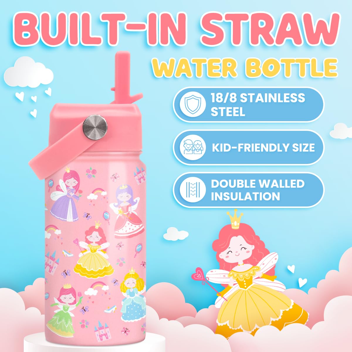SANDJEST Princess Water Bottle for Girls - Kids Water Bottle with Straw Lid - 12 Oz Insulated Stainless Steel Water Bottles for Kid - Travel Cup for School Sports