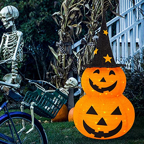 NEROSUN 3 FT Collapsible Lighted Pumpkin Man Halloween Decor with Star Hat, Indoor & Outdoor Garden Yard