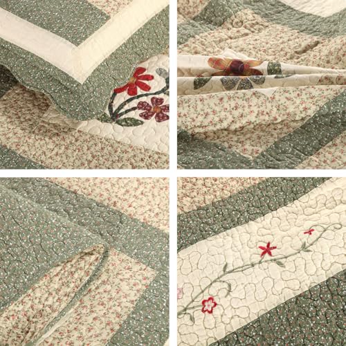 Green Farmhouse Embroidered Floral Quilted Bedspread Set - Queen, Reversible Cotton