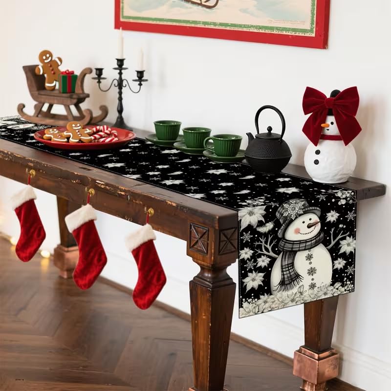 CQFusSTORE Xmas Snowman Feather White Floral Black Table Runner 13x72 Inch