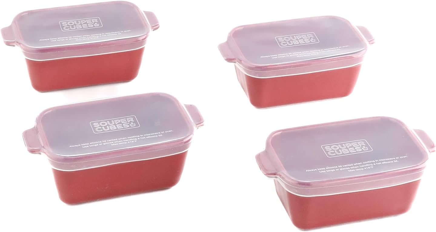 Souper Cubes Stoneware | Premium 5" x 3" Mini Baking Dishes with Silicone Covers - Set of 4, Cranberry