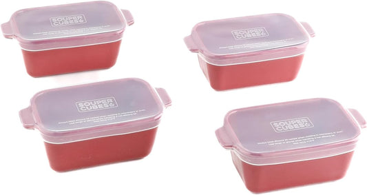 Souper Cubes Stoneware | Premium 5" x 3" Mini Baking Dishes with Silicone Covers - Set of 4, Cranberry