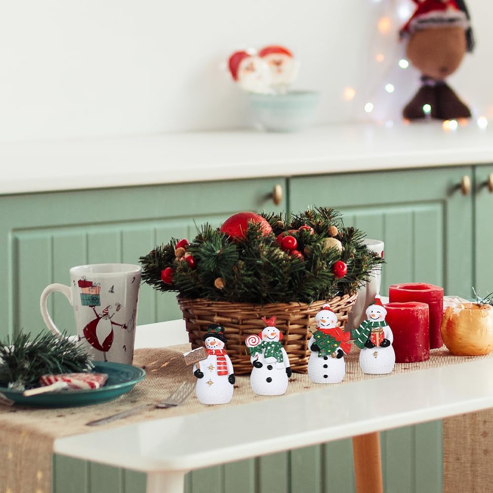 MEETYAMOR Christmas Snowman Ornaments - 4 PCS Rustic Resin Decor for Home & Table Display