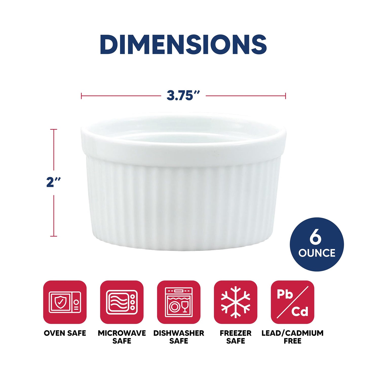 HIC Kitchen Souffle Ramekin, Fine Porcelain, For Baking Custards, Souffles, Side Dishes, And Desserts, 6-Ounce Capacity, Set of 6
