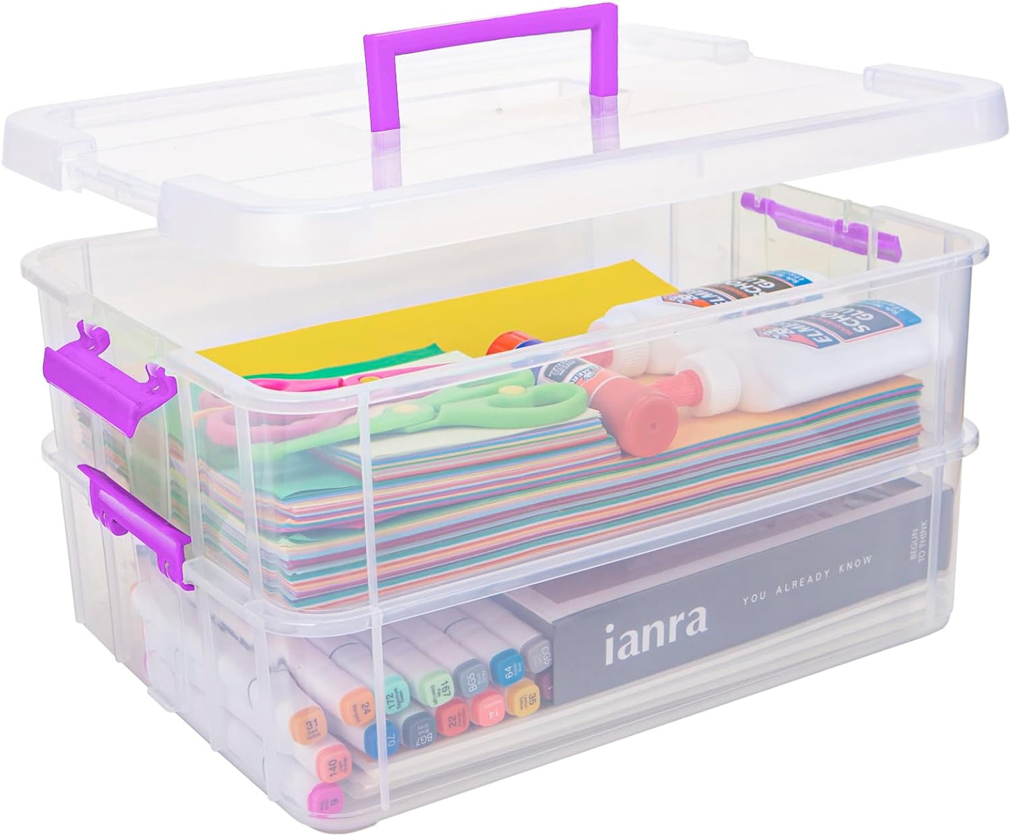 TERGOO Clear Plastic Storage Containers - 2 Layer Stackable Craft Organizer Box | Portable for Art, Sewing & Makeup (Purple)