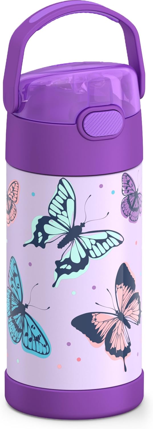 THERMOS FUNTAINER Water Bottle - 12 Ounce Stainless Steel Insulated Kids Bottle with Straw | Butterfly Frenzy Design