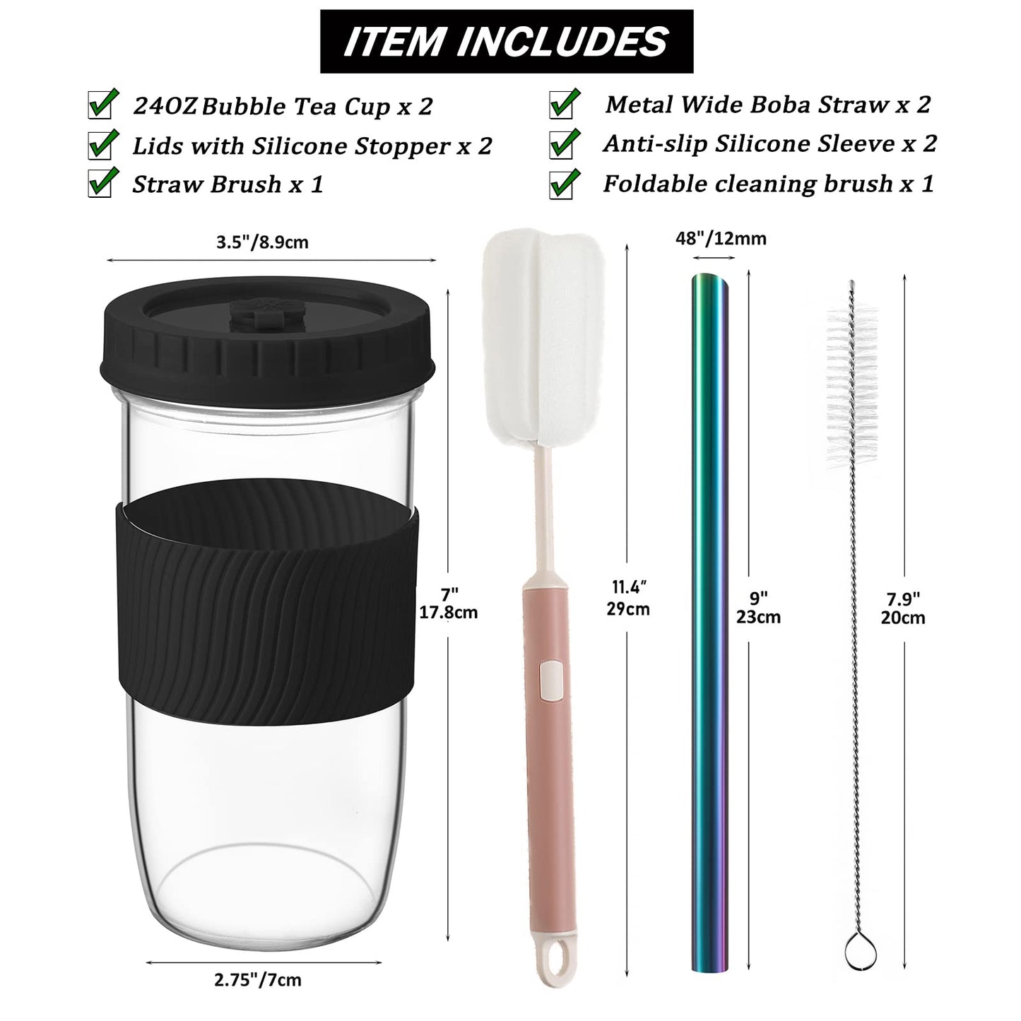 Amyoole 2 Pack Reusable Boba Cup, 24Oz Wide Mouth Smoothie Cup,mason Jar Glass Cups with Lids and Straws,Bubble/Boba Tea Cups,Ice Coffee Tumbler 2 colored straws 1 sponge brush(Pink)
