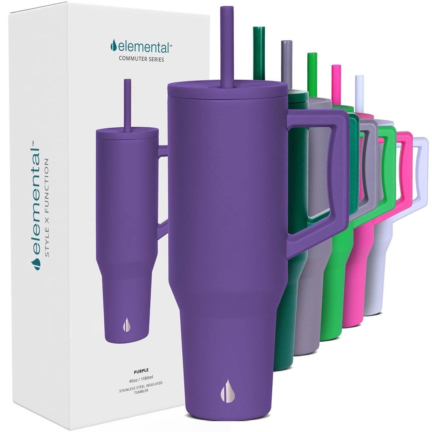 Elemental 40 oz Tumbler with Handle and Straw - Spill Proof Insulated Stainless Steel Commuter for Cold Beverages - Travel Coffee Mug with 2 Straws & Spill Proof Lid - 40oz - Purple
