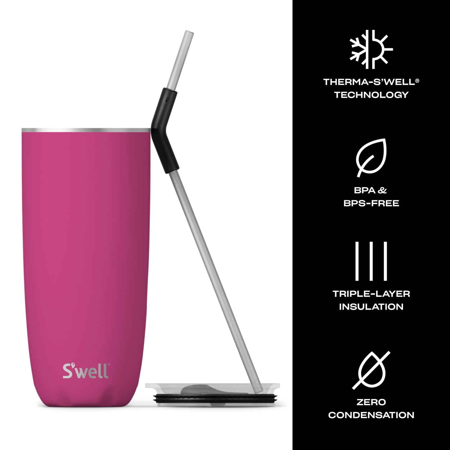 S'well Stainless Steel Tumbler with Straw and Slide-Open Lid, 24oz, Azalea Pink, Triple Layered Vacuum Insulated Containers Keeps Drinks Cold for 18 Hours and Hot for 5, BPA Free