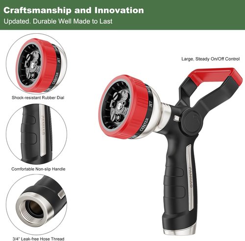 FANHAO Heavy-Duty Fireman Style Garden Hose Nozzle - 9 Spray Patterns for Car Washing & Pets