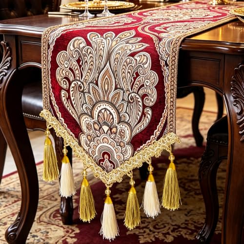 Christmas Burgundy Paisley Jacquard Table Runner 14x63 Inch with Tassels