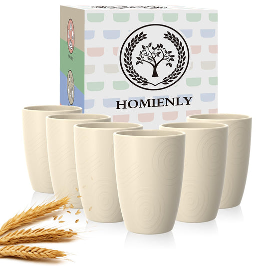 Homienly Unbreakable Drinking Glasses 16oz Wheat Straw Cups–6-Pack Reusable Stackable & Dishwasher Safe Cups for Kitchen-Beige