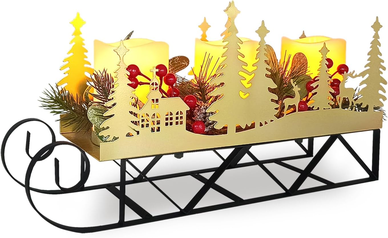 Skiennix Christmas Sleigh Table Centerpiece - Gold Cut-Out Tree LED Candle Holder with Timer for Holiday Decor