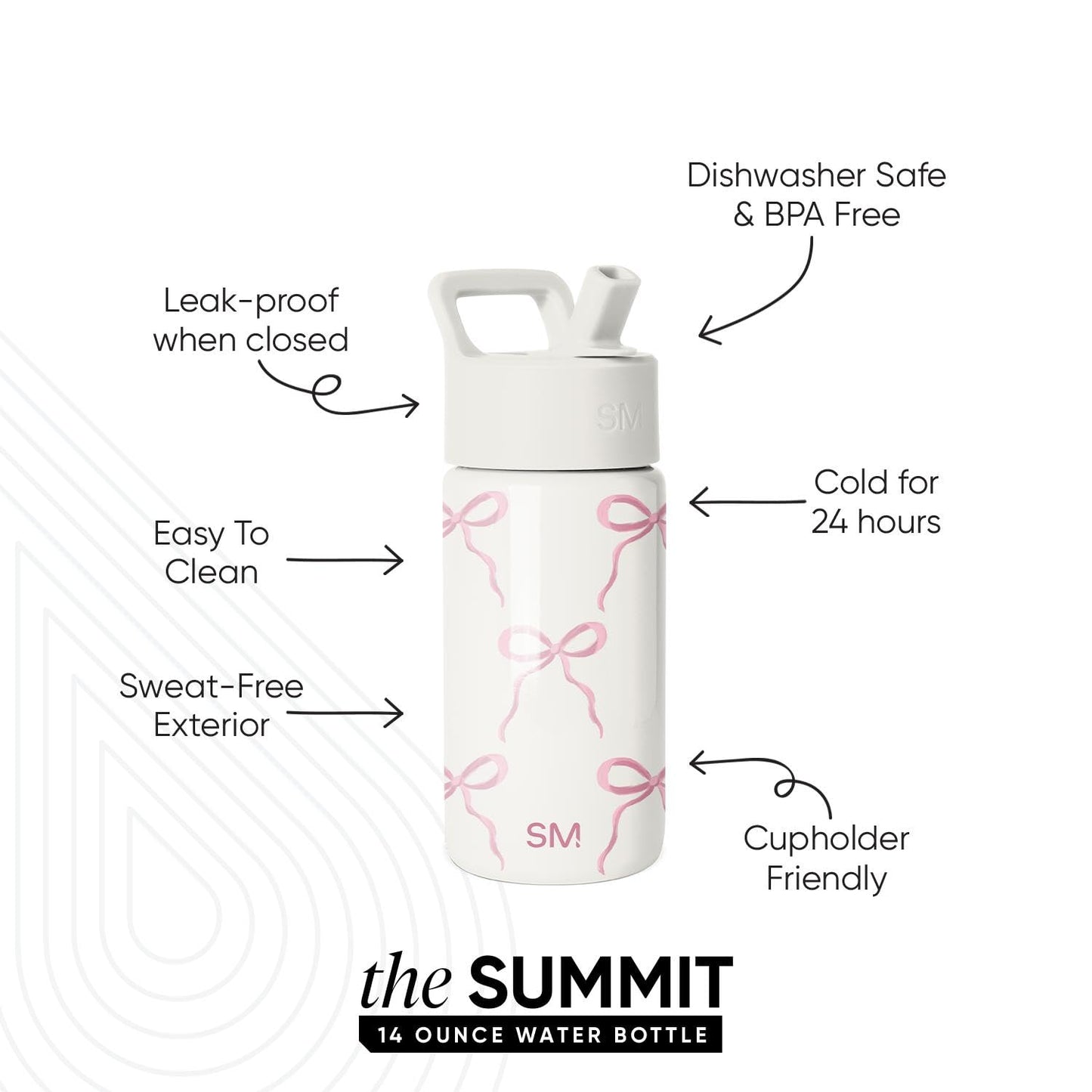 Simple Modern Kids Summit Water Bottle with Straw Lid | 14oz Stainless Steel Cup Insulated Tumbler for Toddlers, Girls, School | Bows