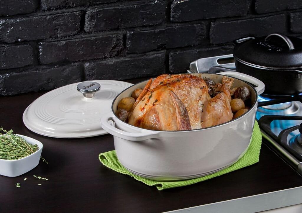 Lodge Enameled Cast Iron Oval Dutch Oven - 7 Quart with Lid & Dual Handles - Oven Safe to 500°F - Oyster White