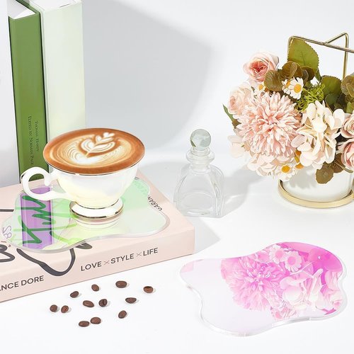FINGERINSPIRE 2 Cloud Shaped Acrylic Coasters 5.1x6.4inch Clear Iridescent Irregular Creative Decorative Plate for Kitchen Counter, Dresser, Office Desk