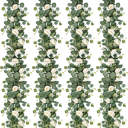 Artificial Eucalyptus Garland with White Roses - 4 Pack, 1.8m Length