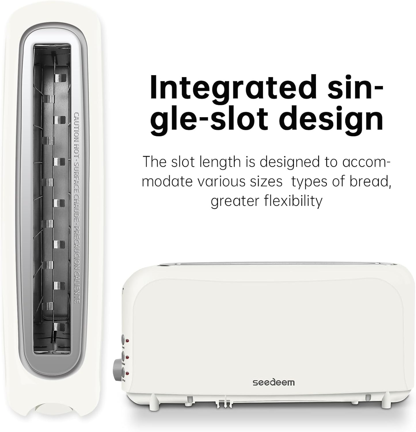 SEEDEEM 2-Slice Slim Toaster - Fits Bagels & Artisan Bread | 10" Long Slot, 6 Shade Settings, Auto Shut-Off, White