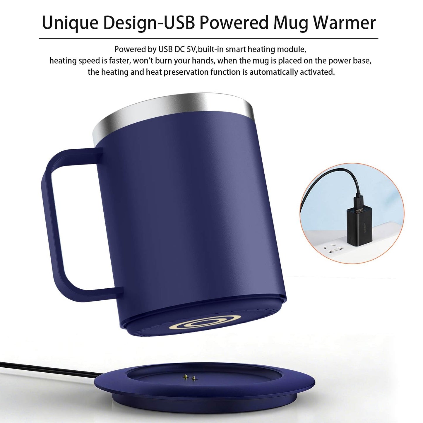 YIMUBREEZ Smart Temperature Control Coffee Mug for Desk,Heated Cup with 10Hrs Auto Shut Off, USB Powered Mug Warmer Set (12oz-Royal Blue)