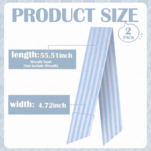 Blue Wreath Sash - 2 Pcs Stripe Embroidery Monogram Decor | 60 Inch Seersucker for Baby Showers