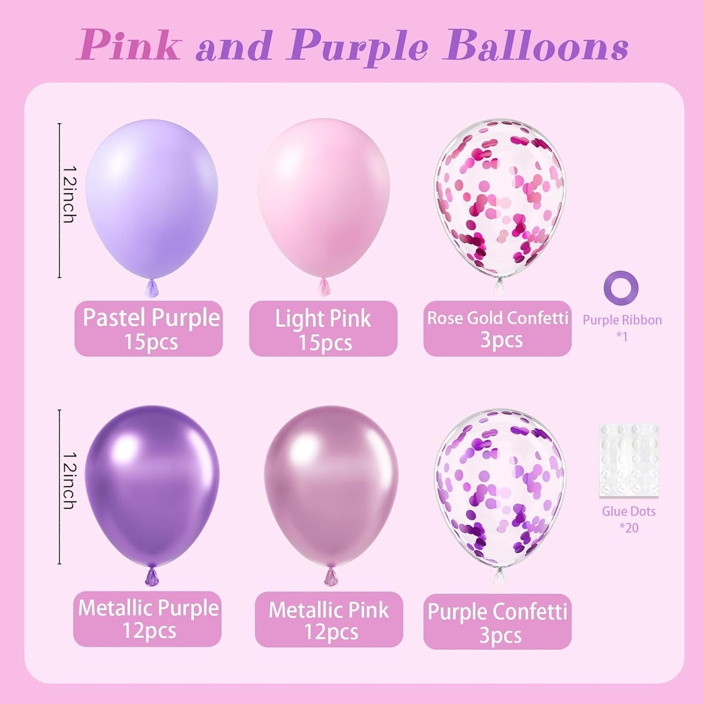 Skiennix 61-Piece Pink & Purple Balloon Set - 12-Inch Confetti Latex Balloons for Bridal & Birthday Parties