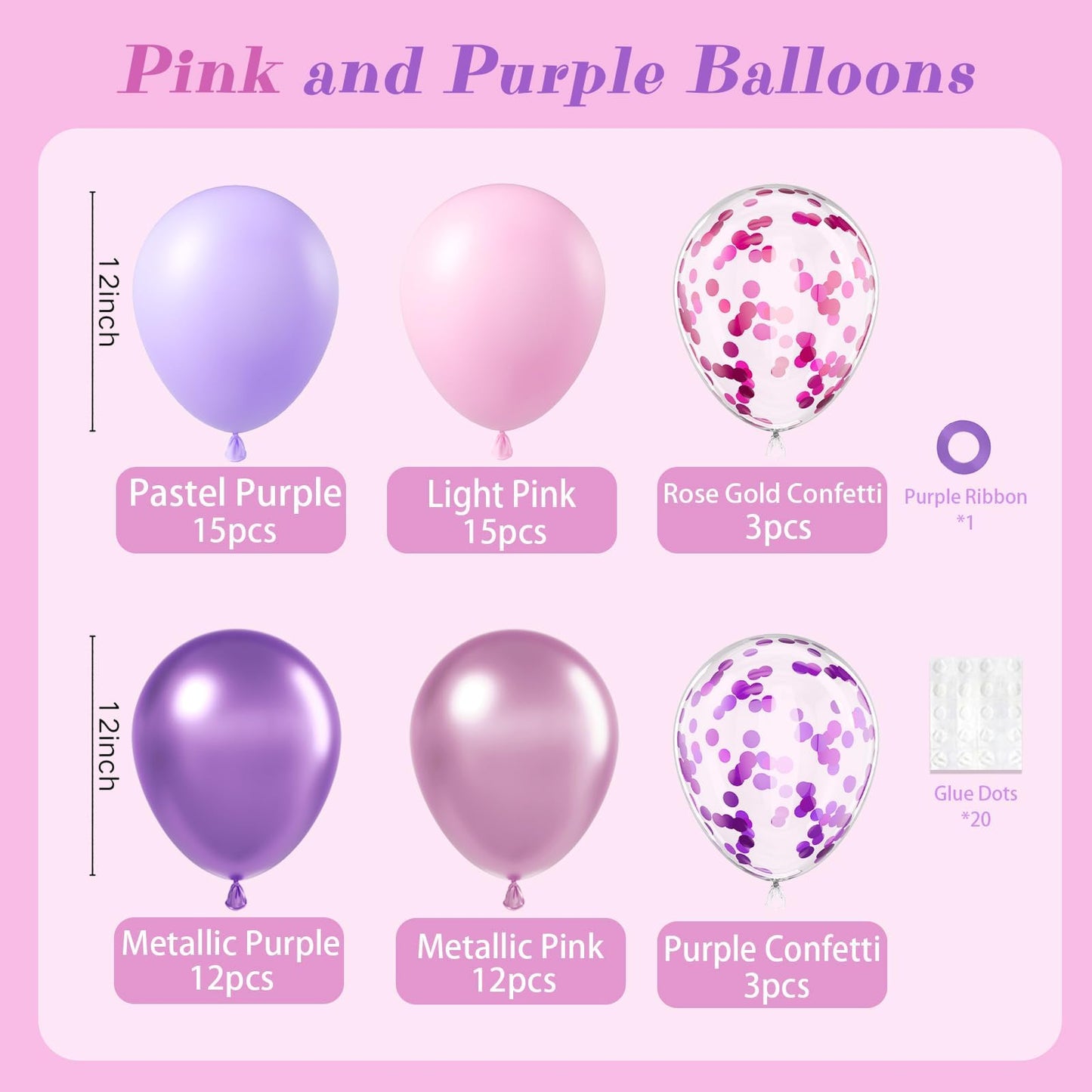 61pcs Pink and Purple Balloons, 12 Inch Purple Pink Confetti Latex Balloons, Metallic Balloon for Bridal Baby Shower Wedding Women Birthday Party Decorations